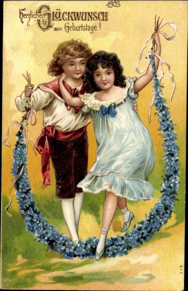 Embossed Postcard Happy Birthday, Children with Flower Garland