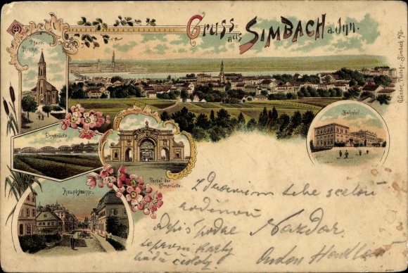 Chromo-Litho Simbach am Inn in Lower Bavaria, portal of the Inn bridge, train station, parish church, main street