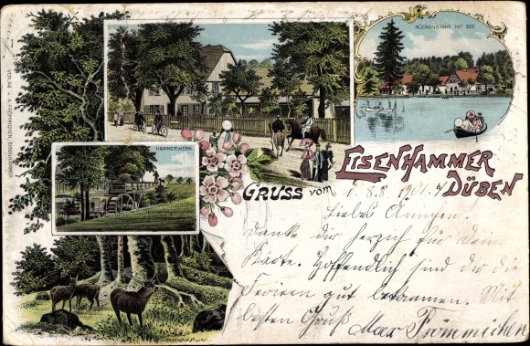 Chromo-Litho Bad Düben an der Mulde Saxony, iron hammer, hammer mill, lake, deer
