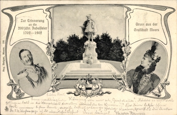 Postcard County of Moers, monument, 200th anniversary celebration 1702-1902, Emperor Wilhelm II, Empress