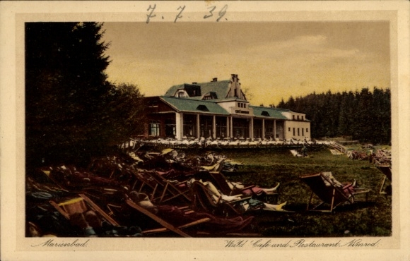 Postcard Mariánské Lázně Marienbad Region Karlovy Vary, Forest Cafe and Restaurant, building, deck chairs, whale