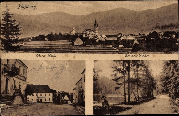 Postcard Plößberg in the Upper Palatinate, panorama, Oberer Markt, new pond