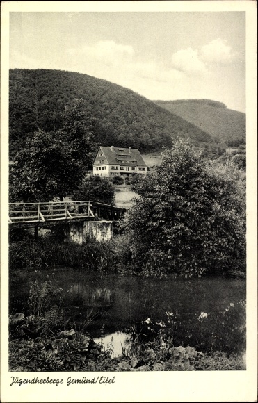 Postcard Gemünd Schleiden in the Eifel, youth hostel, river, wooden bridge