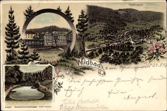 Chromo-Litho Bad Wildbad in the Black Forest, long shot, pond, pump room