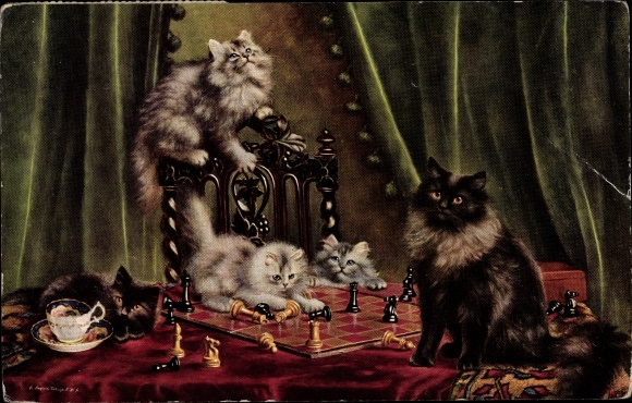 Artist Postcard Cats with a chess board on a table