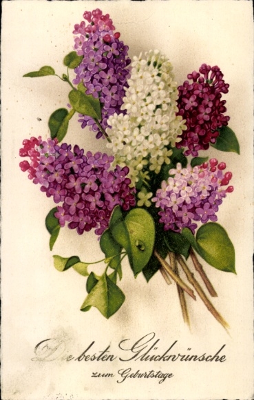 Postcard congratulations birthday, bouquet of flowers, lilac