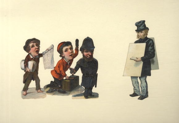 Block of 3 and 1 single wafer Professions, newspaper boy, shoe shiner, policeman, approx. 10 x 13 and 13 x 6 cm