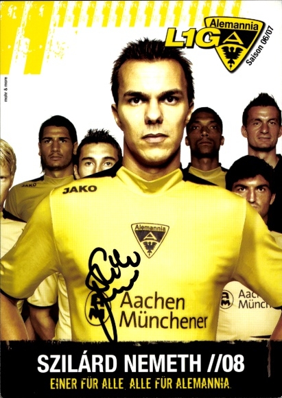 Handtekeningkaart voetballer Szilárd Nemeth, Alemannia Aachen, handtekening