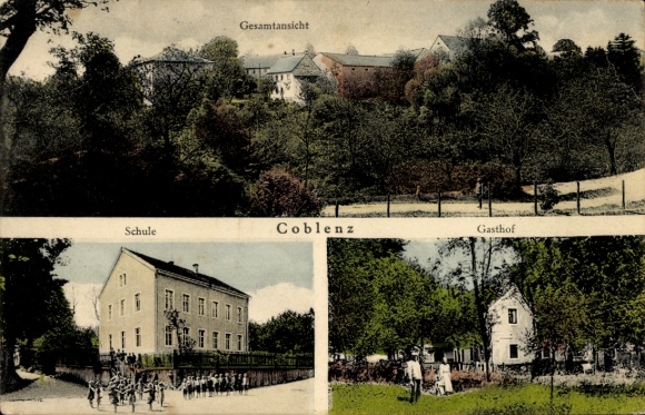 Ak Coblenz Göda in der Oberlausitz, Gesamtansicht, Schule, Gasthof