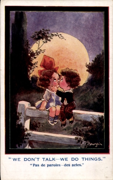 Artist Postcard Spurgin, Fred, We don&#39;t talk we do things, kissing children