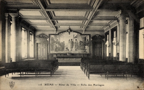 Ak Reims Marne, Hôtel de Ville, Salle des Mariages, leere Stühle, Wandgemälde