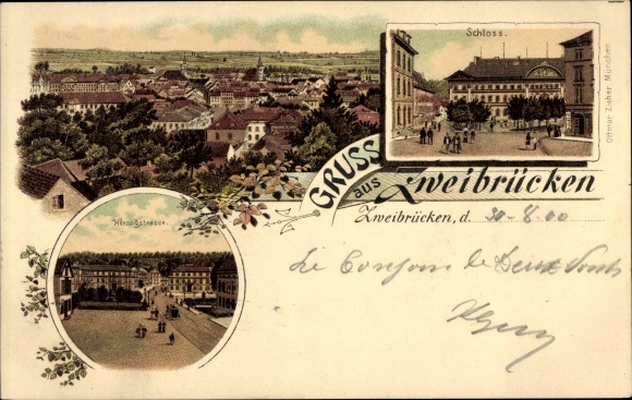 Chromo-Litho Zweibrücken in der Pfalz, general view, castle, Herzogstrasse