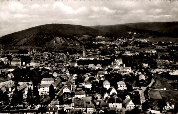 Postcard Lohr am Main Lower Franconia, historical town view, buildings, landscape, mountains