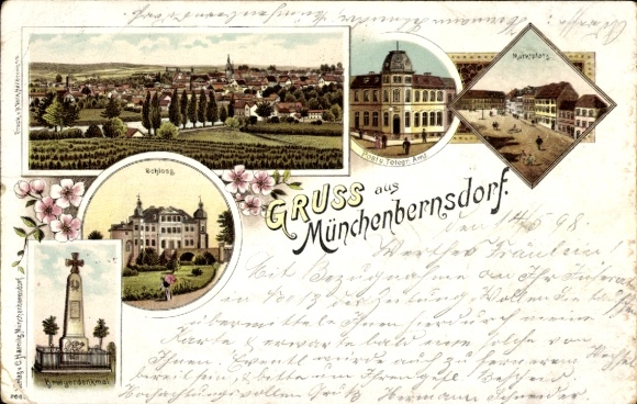 Chromo-Litho Münchenbernsdorf in Thuringia, market square, post office, castle, war memorial, total view