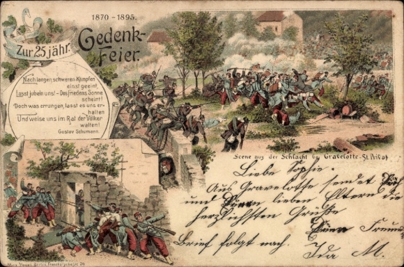 Litho Gravelotte Lothringen Moselle, Szene aus der Schlacht, 1870-1895, Gedenkfeier