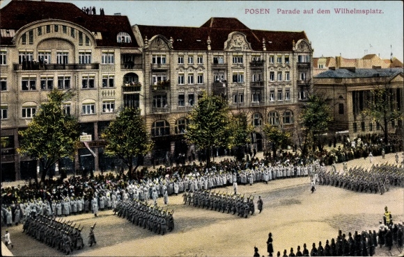 Postcard Poznań Poznań, Wilhelmsplatz, military parade, building