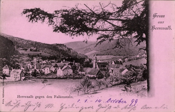 Postcard Bad Herrenalb in the Black Forest, greetings from Herrenalb towards the Falkenstein, pink color scheme