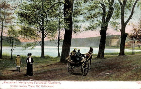 Postcard Berlin Zehlendorf Dahlem, Restaurant Paulsborn, owner Ludwig Vogel, carriage, lake