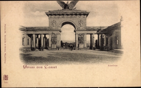 PC Cassel Kassel in Hesse, arch with eagle, crowd, lettering 'Greetings from Cassel'