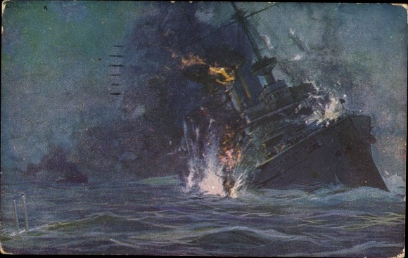 Artist PC Schulze, Hans Rudolf, German submarine sinks English liner HMS Formidable