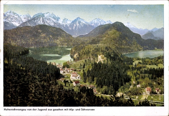 Postcard Hohenschwangau Schwangau in the Ostallgäu, Hohenschwangau with Alp- and Schwansee, mountains and forest,