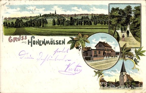 Litho Hohenmölsen im Burgenlandkreis, Gesamtansicht, Bahnhof, Kaiserpark, Kirche