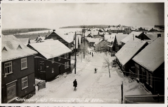 Postcard Frauenwald am Rennsteig Ilmenau in Thuringia, winter sports area, snow-covered landscape, houses