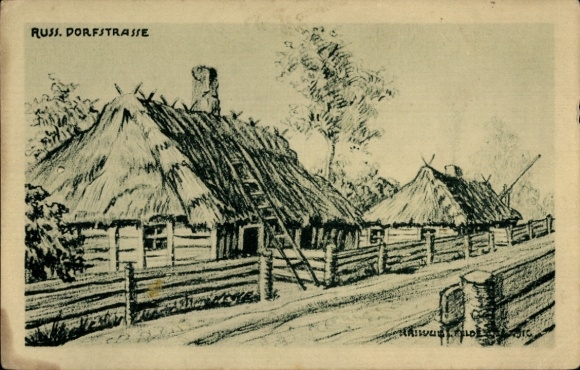 Artist Postcard Russia, village street, thatched roof houses