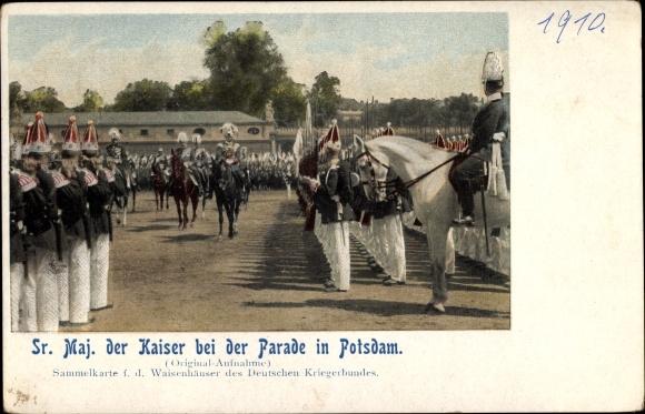 Postcard Potsdam, Kaiser Wilhelm II at the parade, orphanages of the German Warrior League