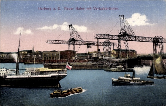 Ak Hamburg Harburg, Neuer Hafen, Verladebrücke, Schiffe