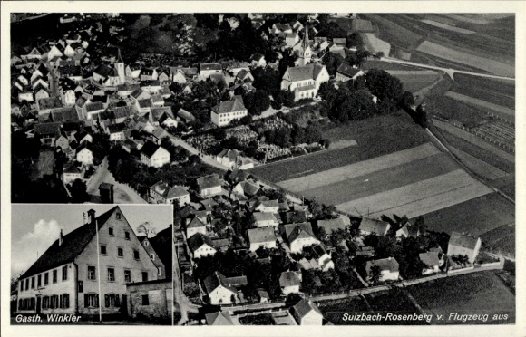 Postcard Neukirchen near Sulzbach-Rosenberg Upper Palatinate, aerial photograph, Gasthaus Winkler, residential buildings, Felde