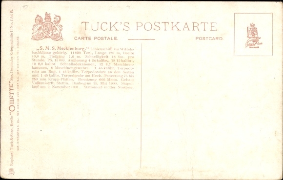 Artist PC Hörnick, Hans, German warship, SMS Mecklenburg, Tuck 234 B