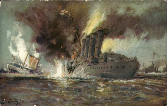 Künstler Ak Bohrdt, Hans, Untergang des Dampfers Königin Louise und Englischen Kreuzers Amphione