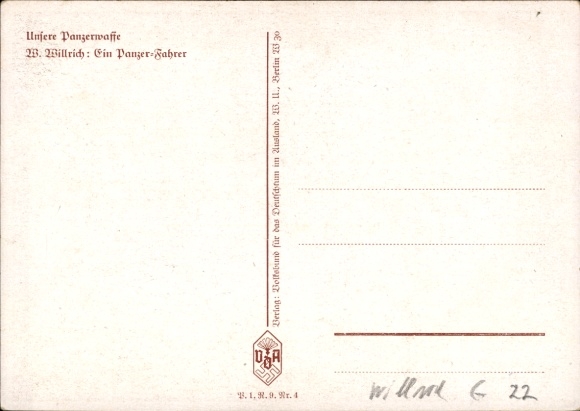 Artist Postcard Willrich, Wolfgang, tank driver, Wehrmacht, VDA