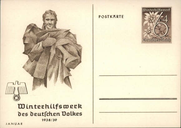 Postwaardekaart WHW 1938/1939 januari, vrouw, jassen, kledingcollectie