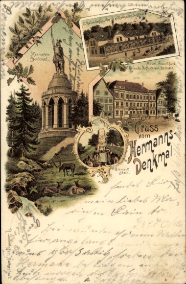 Chromo-Litho Detmold in North Rhine Westphalia, Hermannsdenkmal, Hotel Frankfurt, Reineckes Gasthof