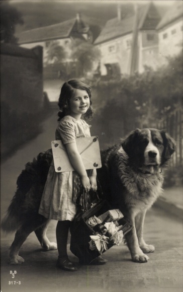 Postcard Girl with St. Bernard, portrait