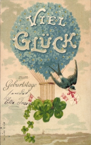 Postcard Congratulations Birthday, Clover, Airship, Swallow