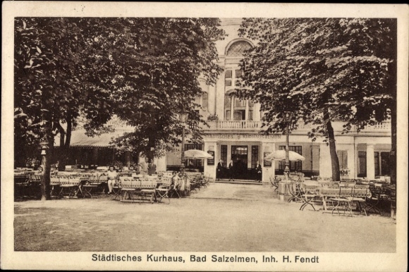 Postcard Bad Elmen Salzelmen Schönebeck an der Elbe, Municipal Spa House, Owner H. Fendt