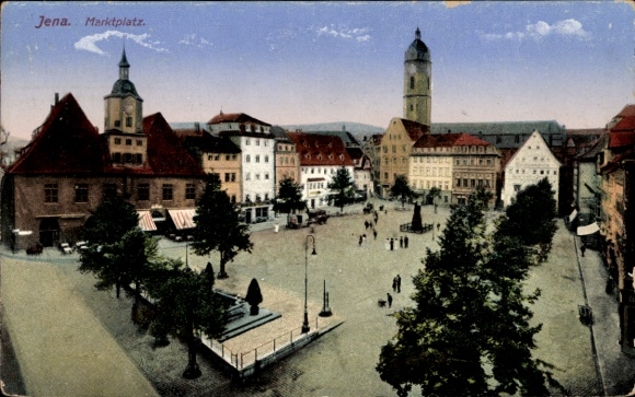 Ak Jena in Thüringen, Marktplatz in  farbenfrohe Landschaft,  Gebäude, Menschen