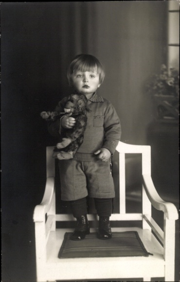 Photo Postcard Boy with stuffed toy in his arms, stuffed monkey, portrait