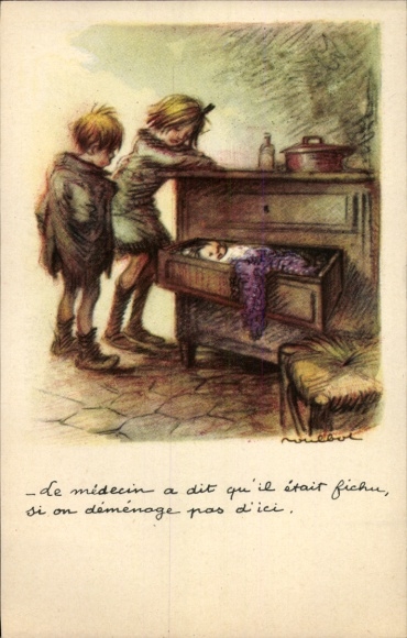 Artist Postcard Poulbot, Franciscque, Children, Baby sleeping in a drawer