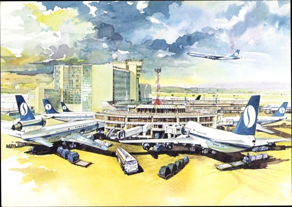 Postcard Bruxelles Brussels, National Airport, Sabena, passenger aircraft, Boeing 707, 737, 747, DC 10