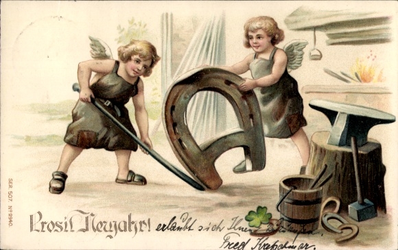 Embossed Chromo-Litho Happy New Year, Angel as Blacksmith, Horseshoe