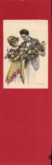 Artist Postcard Bompard, Sergio, lovers, bouquet of flowers