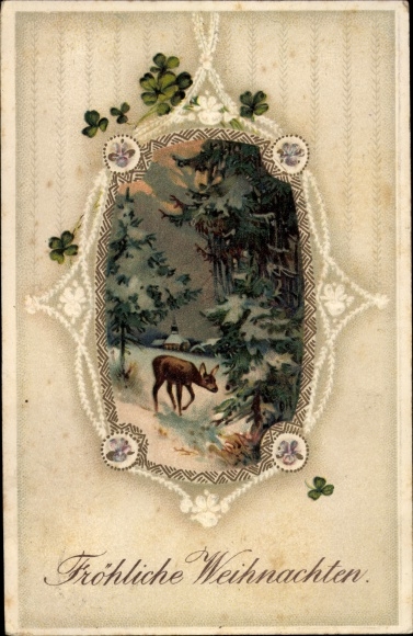 Passepartout Ak Glückwunsch Weihnachten, Reh, Glücksklee