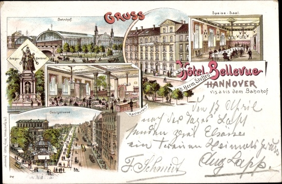 litho Hannover in Nedersaksen, Hotel Bellevue, treinstation, Georgstrasse, oorlogsmonument