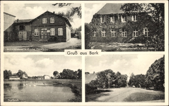 Postcard Bark in Schleswig Holstein, Emma Drew&#39;s groceries, village pond, inn Emil Hahn