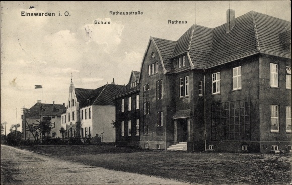 Postcard Einswarden Nordenham in Oldenburg, Rathausstraße, school, town hall