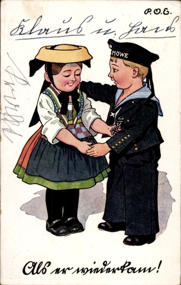 Artist Postcard Engelhard, POE, When he came back, sailor with girl in traditional costume, SMS Möwe